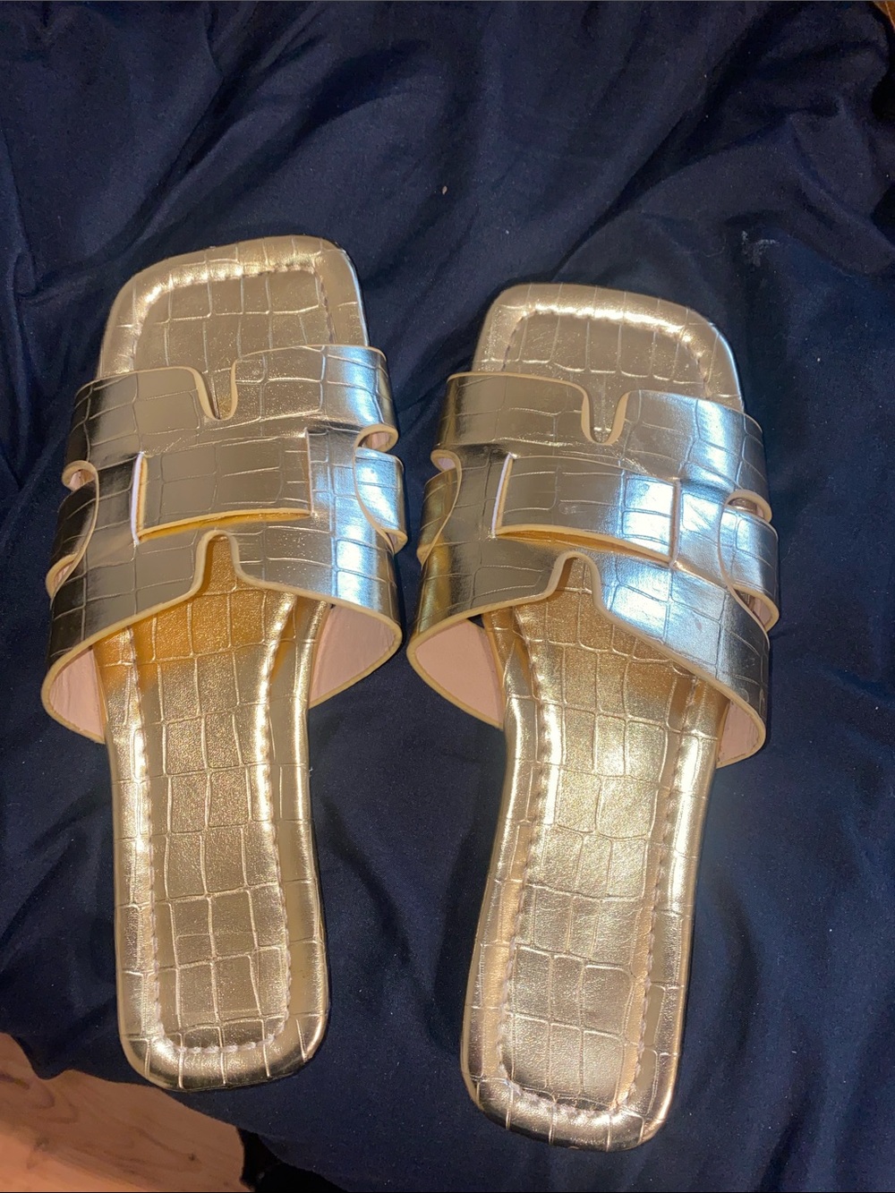 SHEIN Metallic Gold Croc-Embossed Slide Sandals